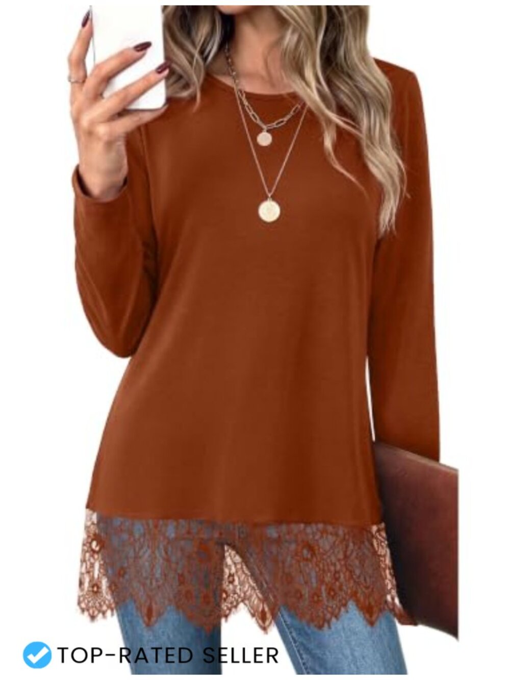 Women's Lace Hem Long Sleeve Tunic Top Flowy Casual Blouse